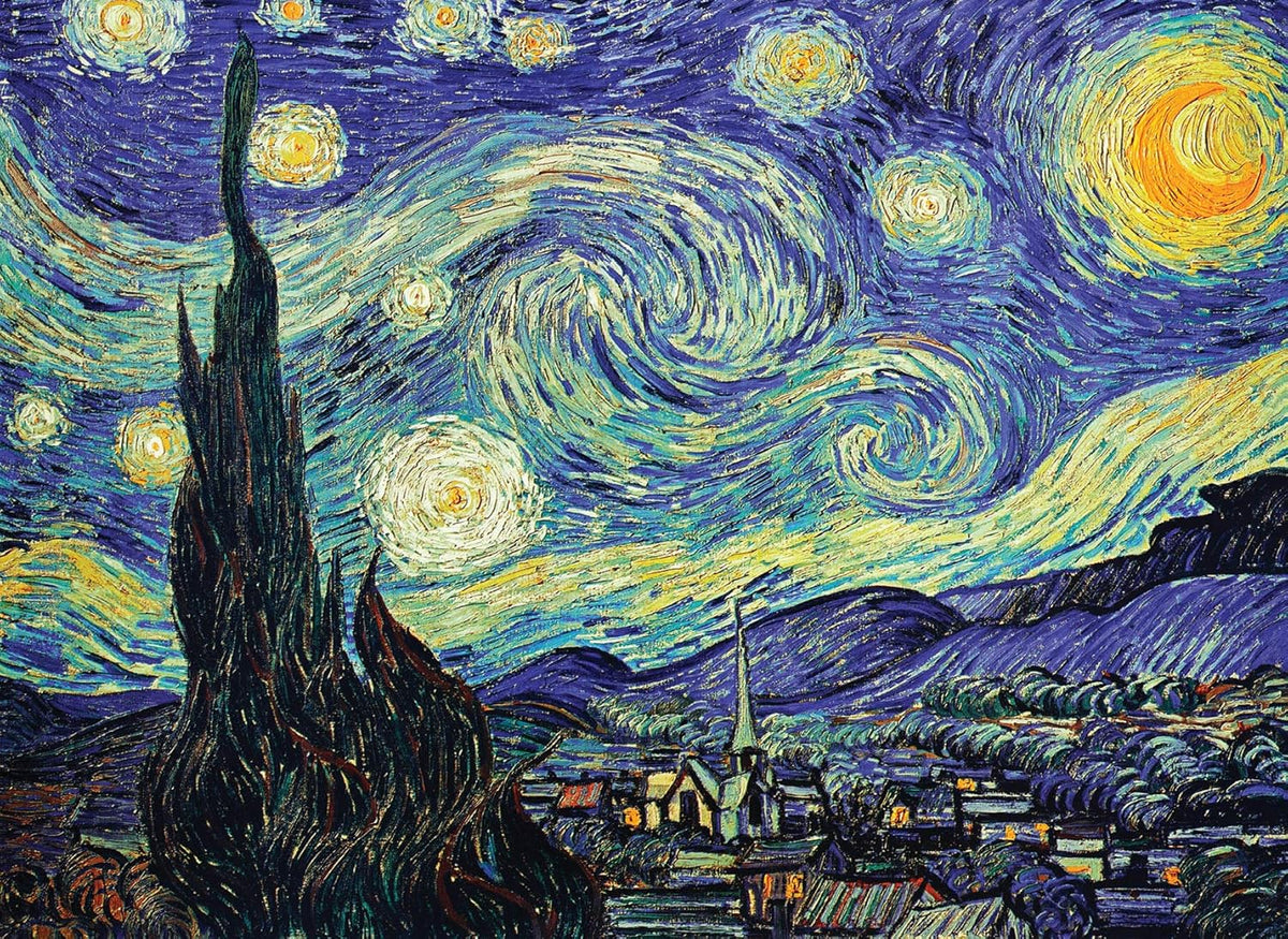 The Starry Night poster features a dark cypress above a glowing village beneath swirling blue skies, stars, and a golden moon.