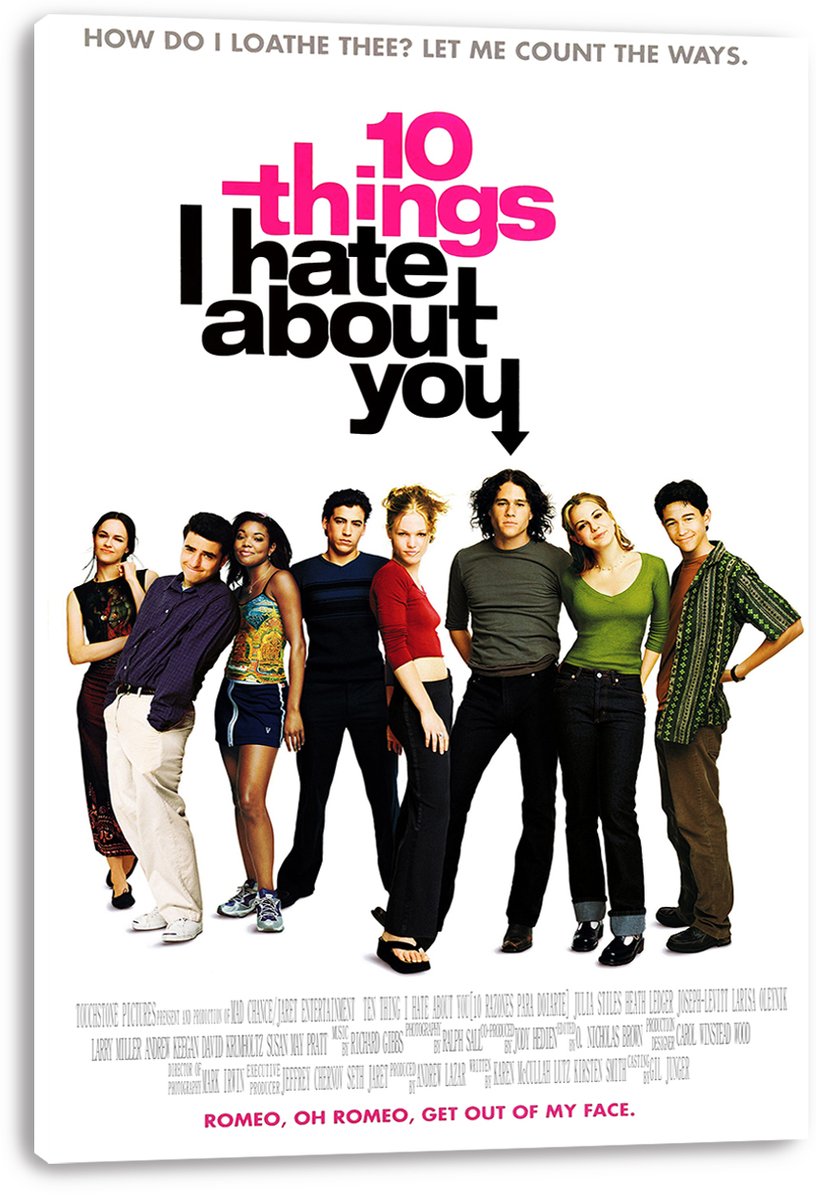 10 Things I Hate About You wall art print on a white canvas, featuring seven cast members and stacked pink and black typography.