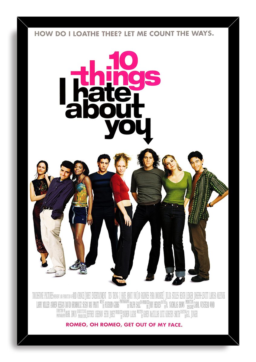 10 Things I Hate About You framed wall art print with a black border, cast lineup, and bold pink and black title text.