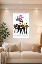 10 Things I Hate About You movie poster in a bright living room above a beige sofa.