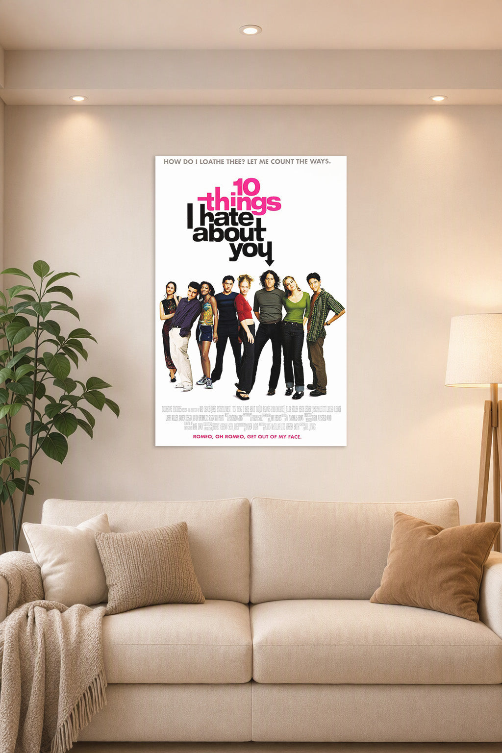 10 Things I Hate About You movie poster in a bright living room above a beige sofa.