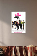 10 Things I Hate About You movie poster in a cozy movie room above a brown sofa with popcorn.