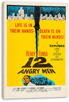 12 Angry Men wall art print on a thick canvas, featuring a central knife, black title lettering, and blue juror portraits.