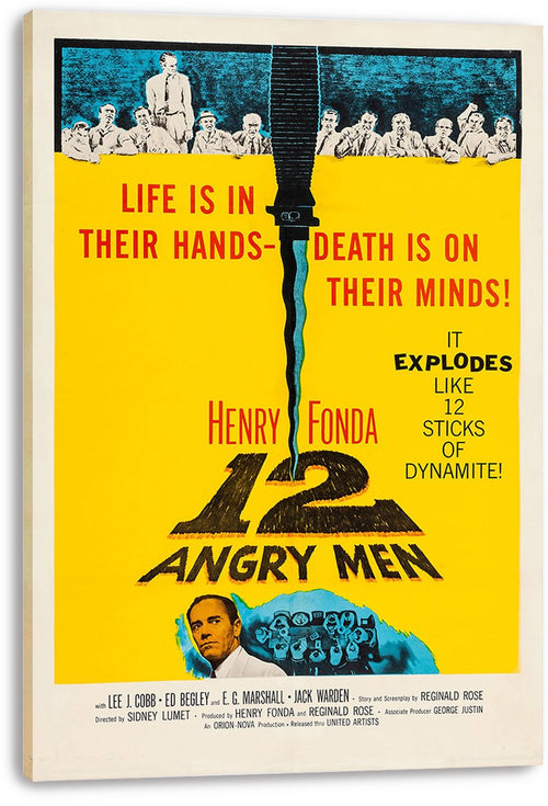 12 Angry Men wall art print on a thick canvas, featuring a central knife, black title lettering, and blue juror portraits.