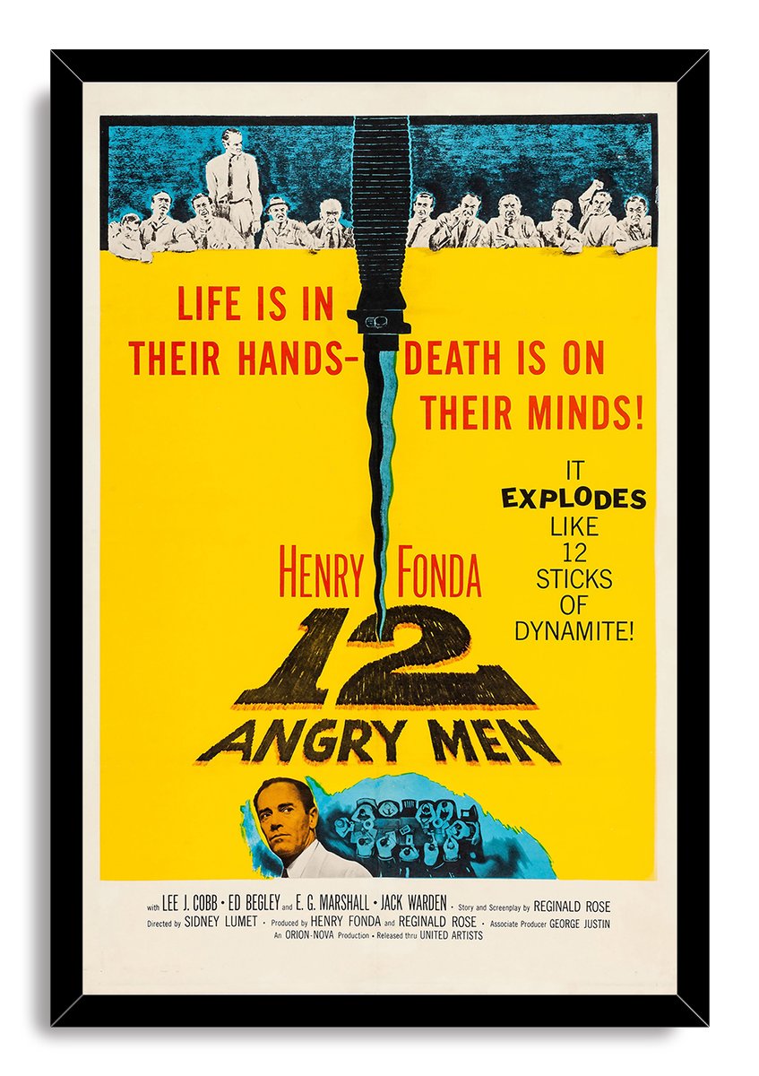 12 Angry Men framed wall art print with a black border, yellow poster design, knife graphic, jurors, and Henry Fonda portrait.