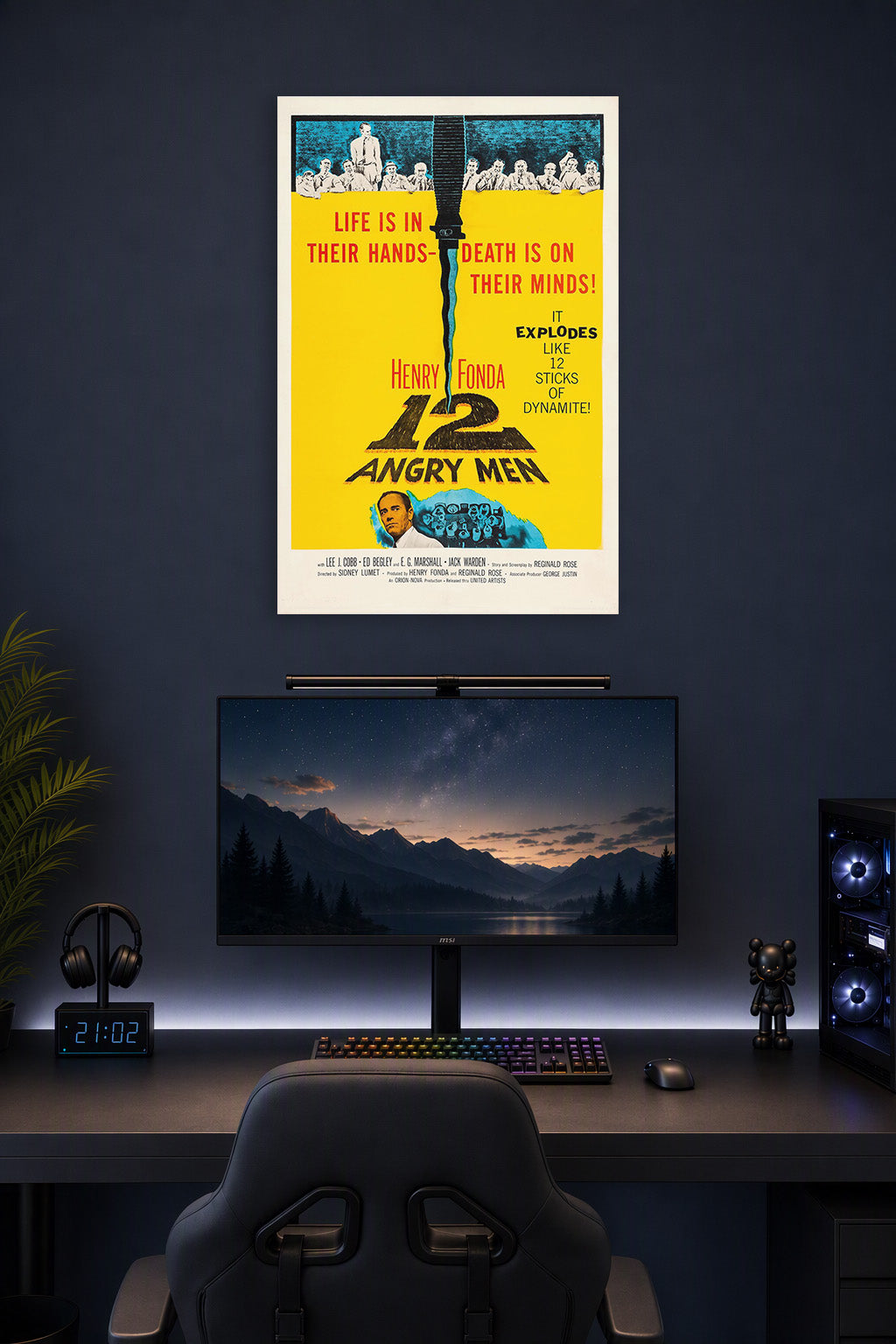 12 Angry Men movie poster in a gaming desk setup above a monitor.