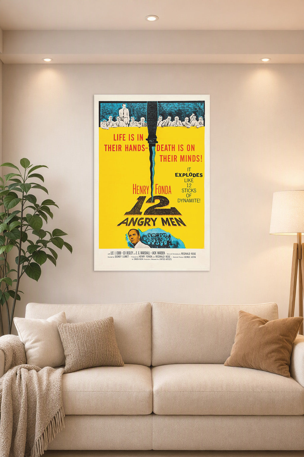 12 Angry Men movie poster in a bright living room above a beige sofa.