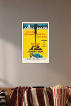 12 Angry Men movie poster in a cozy movie room above a brown sofa with popcorn.