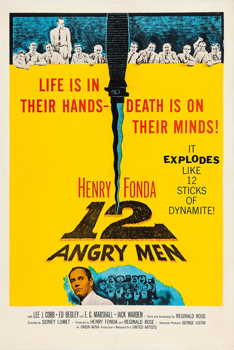 12 Angry Men poster with a yellow field, knife dividing the title, jurors above, and Henry Fonda below.