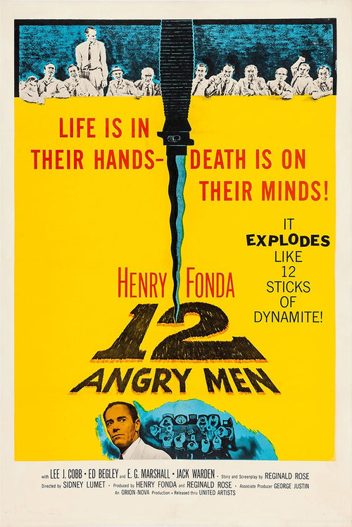 12 Angry Men poster with a yellow field, knife dividing the title, jurors above, and Henry Fonda below.