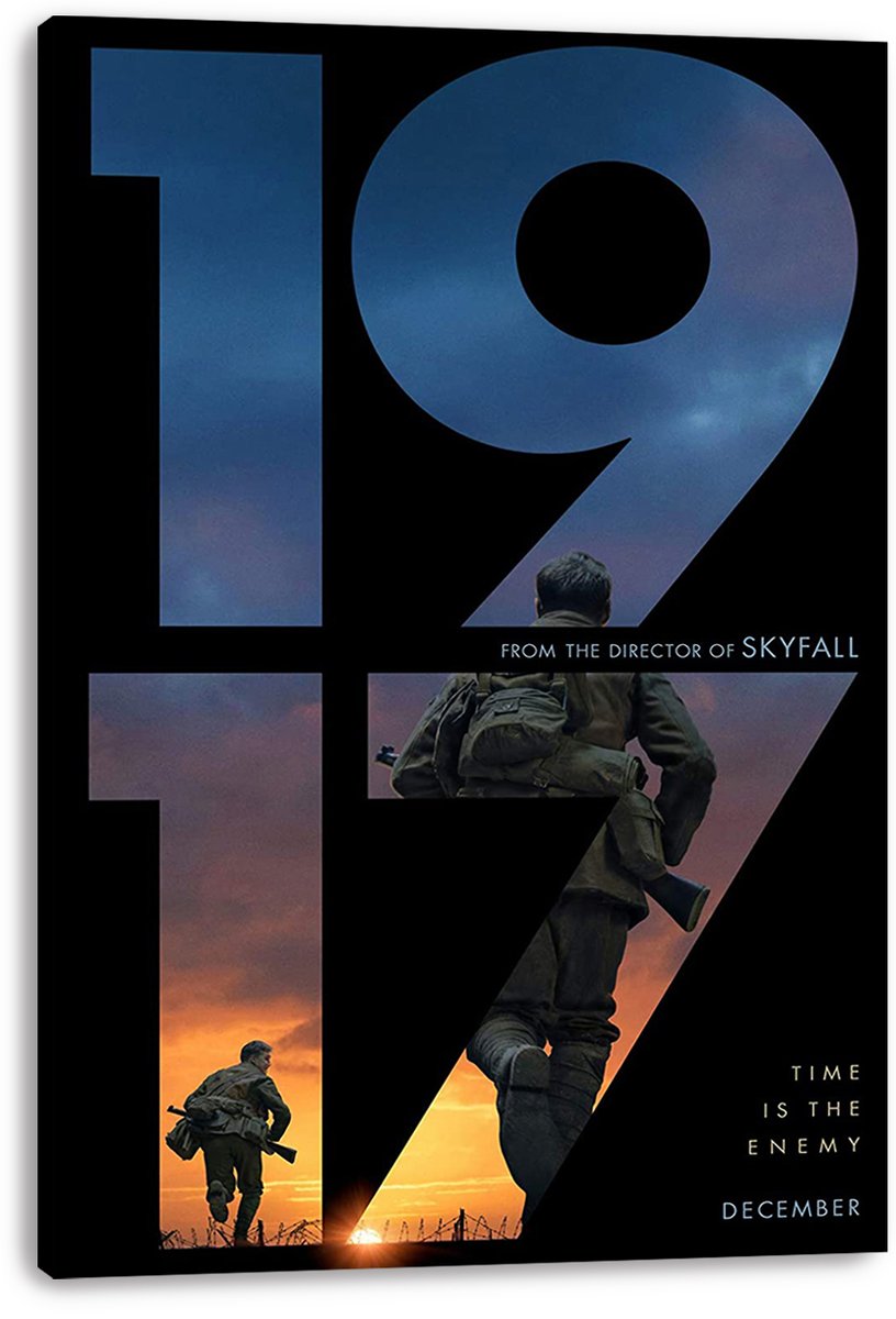 1917 movie canvas wall art print displaying oversized blue title numerals and soldiers crossing a sunset battlefield.