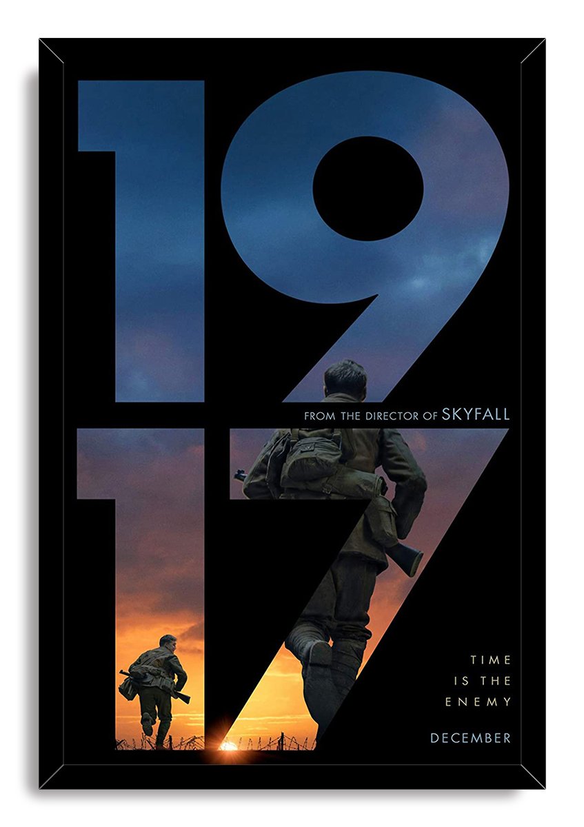 1917 movie poster wall art print framed in black, with blue numerals, two soldiers, and a fiery orange horizon.