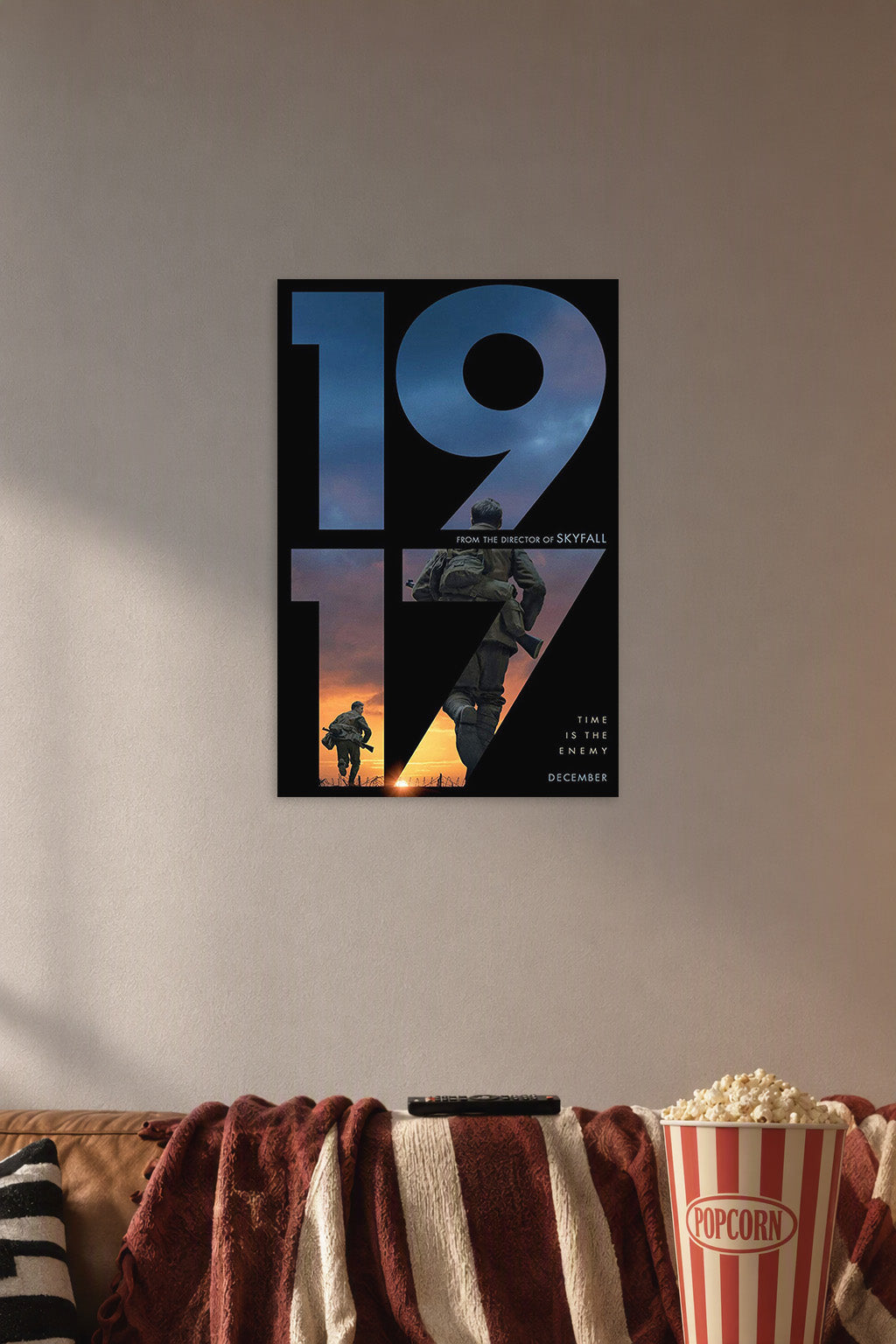 1917 Movie War Soldiers in a cozy movie room above a brown sofa with popcorn.