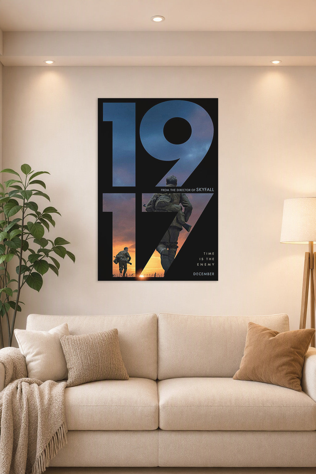 1917 Movie War Soldiers in a bright living room above a beige sofa.