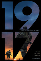 1917 movie poster wall art print with giant blue numerals, two armed soldiers, and an orange sunset battlefield.