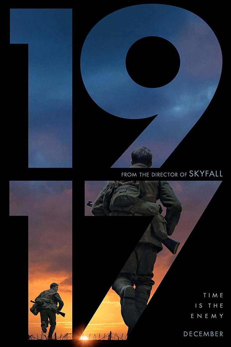 1917 movie poster wall art print with giant blue numerals, two armed soldiers, and an orange sunset battlefield.