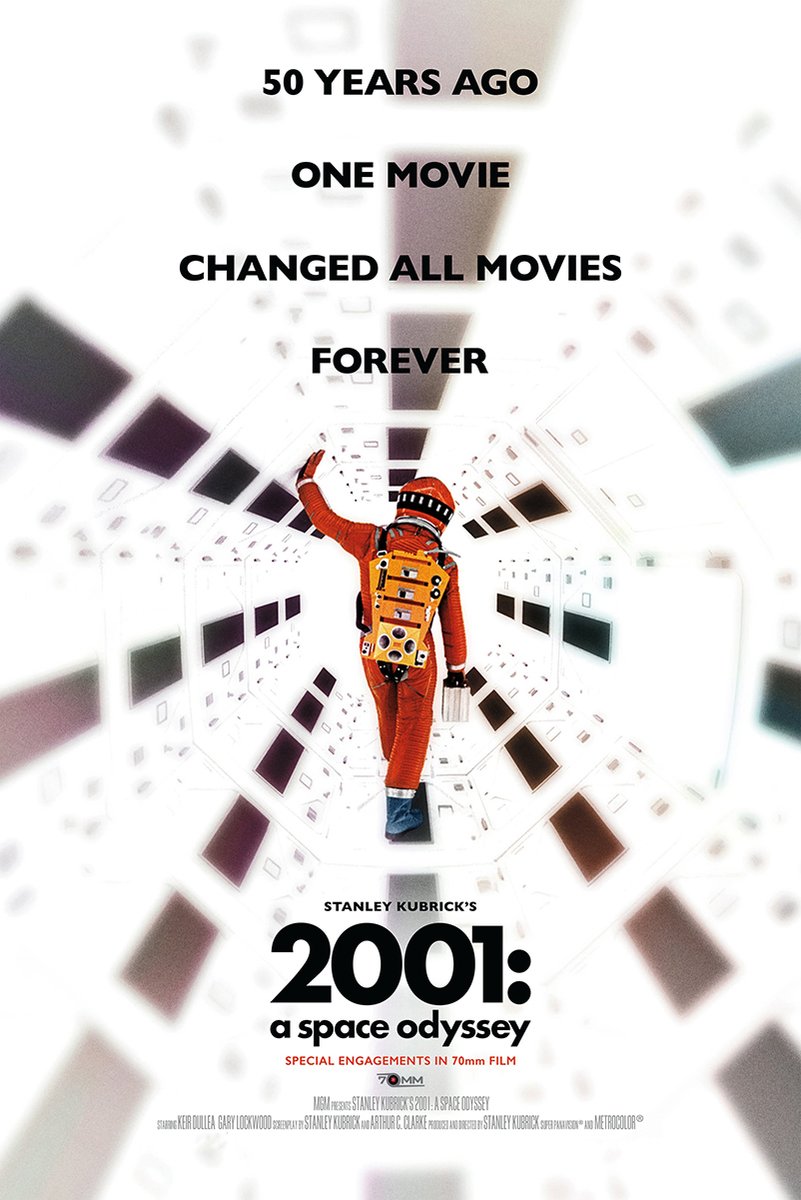 2001: A Space Odyssey poster print featuring a lone orange astronaut amid geometric white corridors and bold black title text.