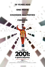 2001: A Space Odyssey poster print featuring a lone orange astronaut amid geometric white corridors and bold black title text.