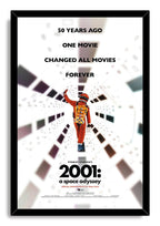 2001: A Space Odyssey framed wall art print with an orange astronaut walking through a bright futuristic spacecraft interior.