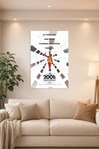 2001: A Space Odyssey Movie Poster in a bright living room above a beige sofa.