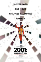 2001: A Space Odyssey movie poster wall art print with an orange-suited astronaut in a white spacecraft corridor.