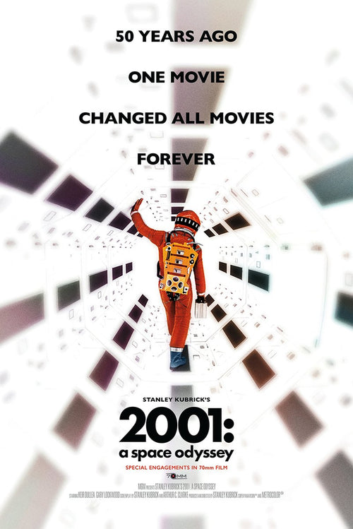 2001: A Space Odyssey movie poster wall art print with an orange-suited astronaut in a white spacecraft corridor.