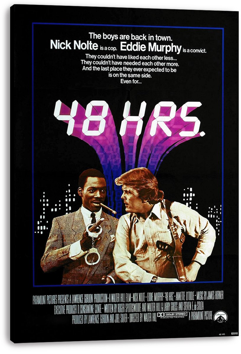 48 Hrs. canvas wall art print displays Eddie Murphy with handcuffs and Nick Nolte in front of purple buildings and a night skyline.