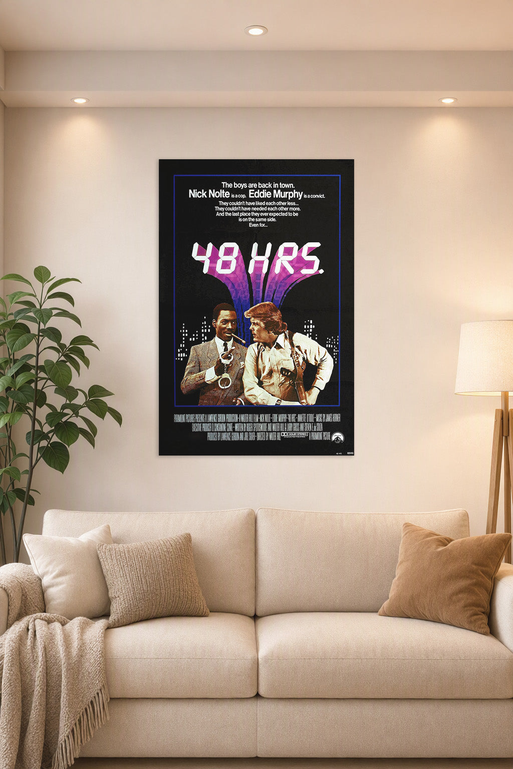 48 Hrs. Movie Poster Nick Nolte Eddie Murphy in a bright living room above a beige sofa.