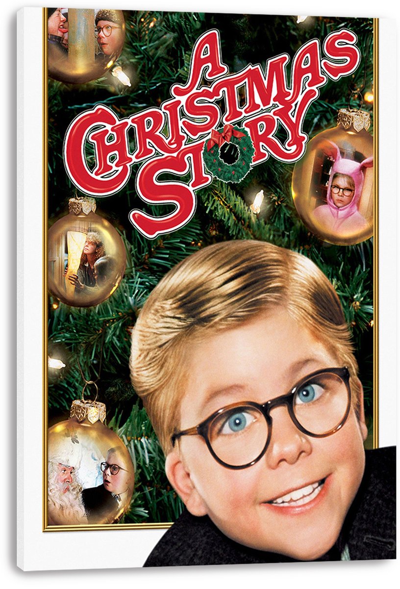 A Christmas Story canvas wall art print featuring smiling Ralphie, Christmas tree lights, gold baubles, and red title text.