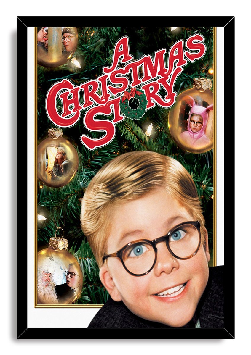 Framed A Christmas Story wall art print with Ralphie in round glasses, ornament scenes, evergreen branches, and red lettering.
