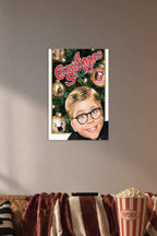 A Christmas Story in a cozy movie room above a brown sofa with popcorn.