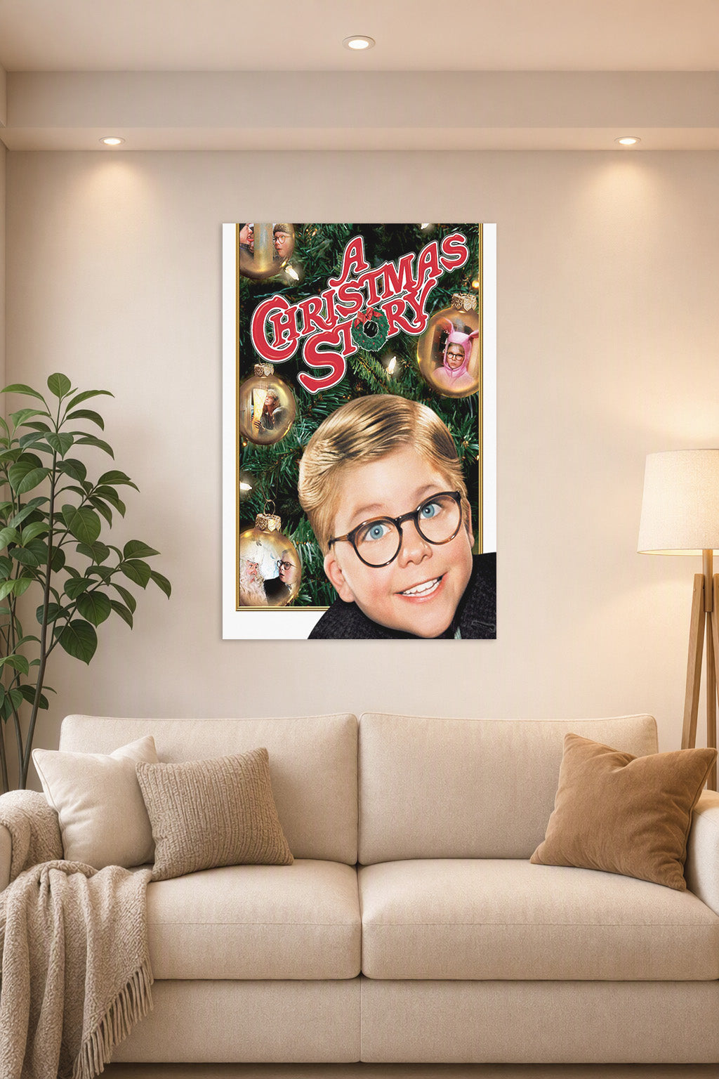 A Christmas Story in a bright living room above a beige sofa.