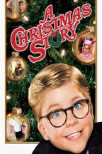 A Christmas Story poster with Ralphie in glasses before a lit evergreen, gold ornaments, and bold red title lettering.
