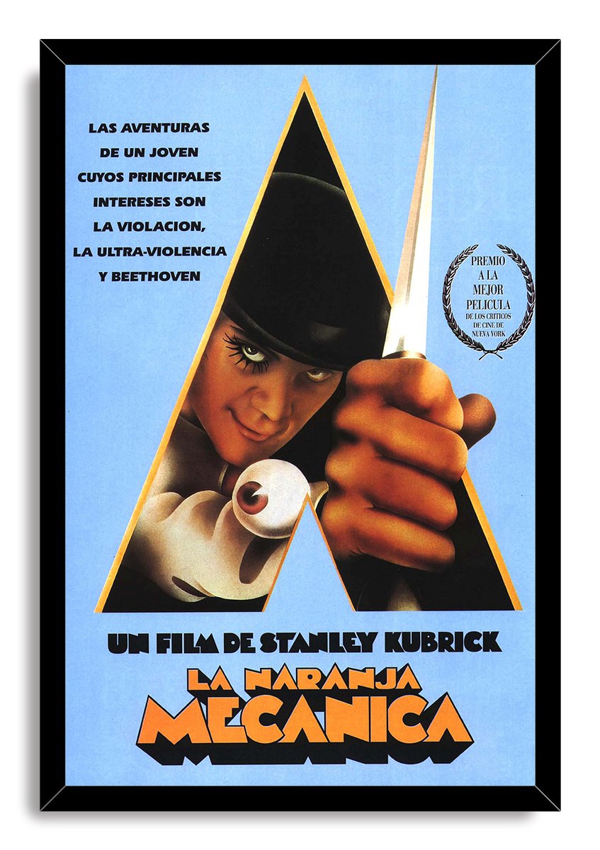 A Clockwork Orange framed wall art print presents Alex DeLarge beneath a bowler hat, holding a cane within a gold-edged A.