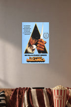 A Clockwork Orange Alex DeLarge in a cozy movie room above a brown sofa with popcorn.