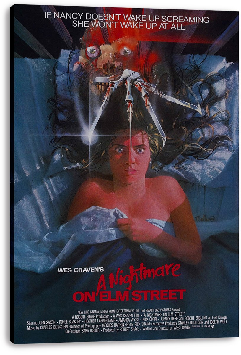 A Nightmare on Elm Street canvas wall art print displays Nancy in bed under Freddy Krueger’s looming face, with black gallery-wrapped edges.