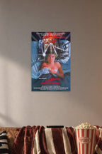 A Nightmare on Elm Street Freddy Krueger in a cozy movie room above a brown sofa with popcorn.