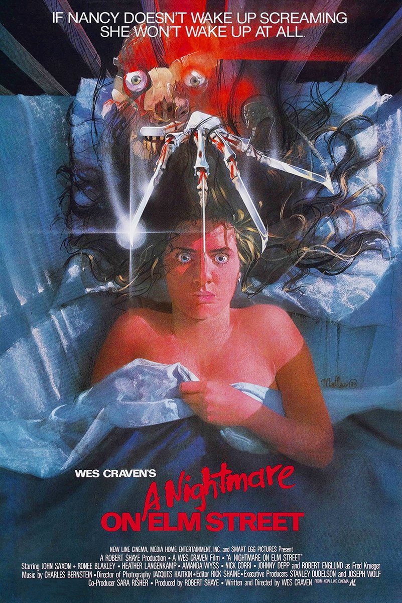 A Nightmare on Elm Street poster depicts Nancy in a blue bed beneath a clawed nightmare figure, with red title text.