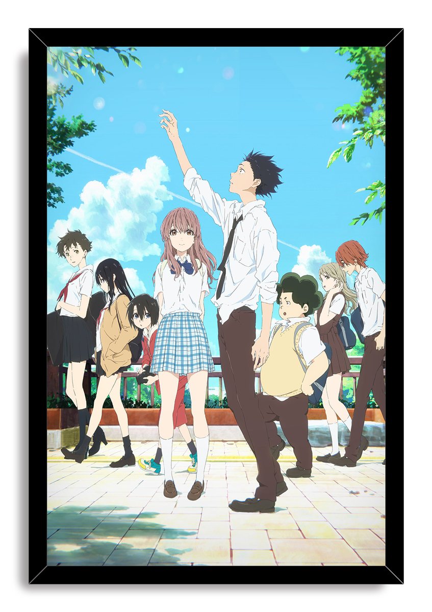 A Silent Voice framed wall art print featuring eight school students on a tiled walkway under clouds and green trees.