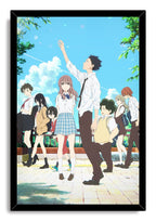 A Silent Voice framed wall art print featuring eight school students on a tiled walkway under clouds and green trees.