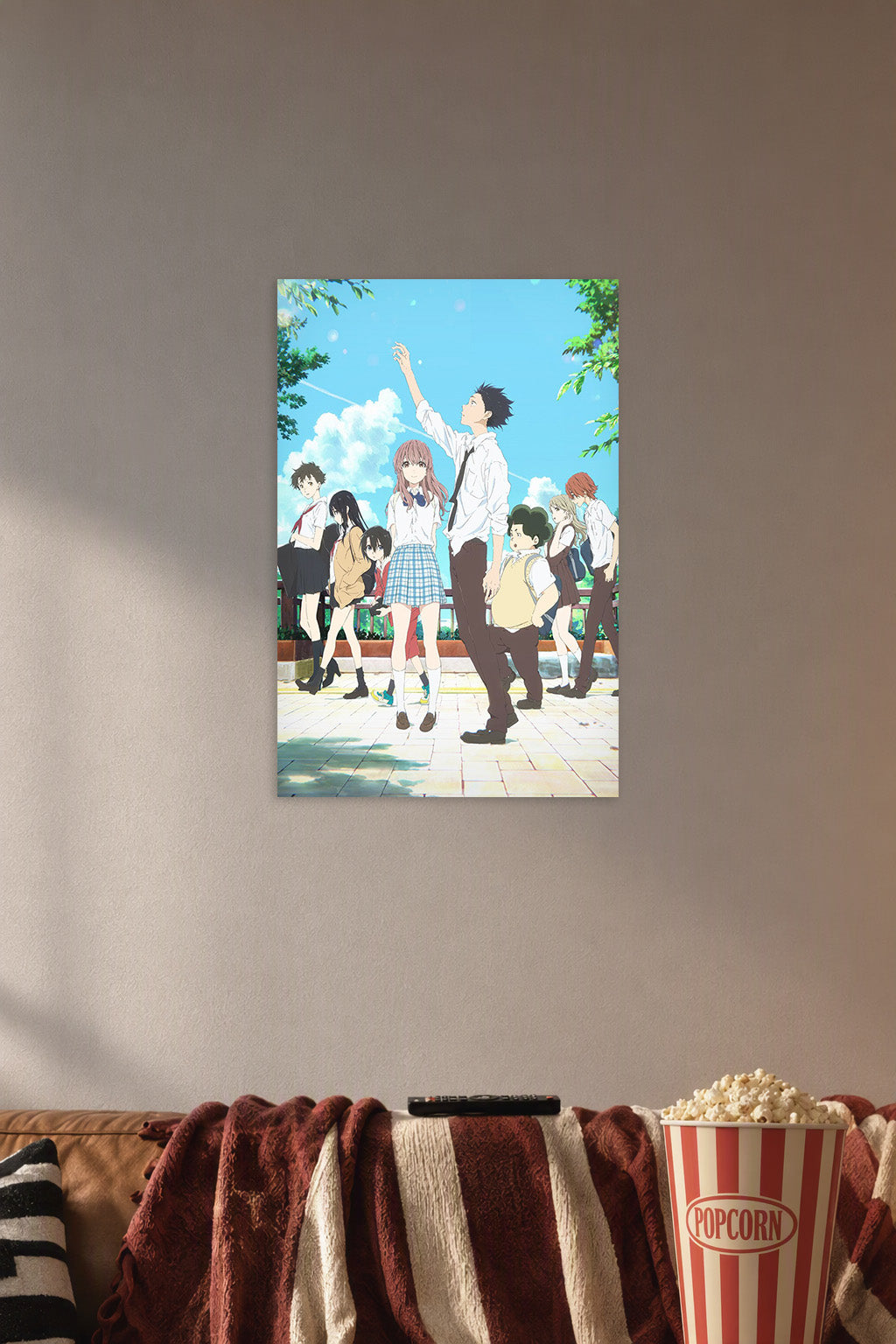 A Silent Voice Anime Movie Characters in a cozy movie room above a brown sofa with popcorn.
