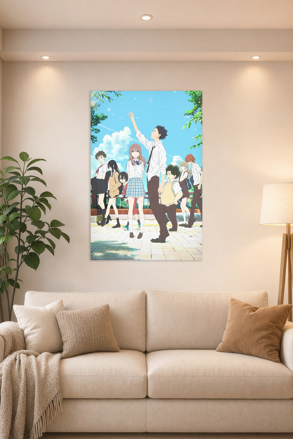 A Silent Voice Anime Movie Characters in a bright living room above a beige sofa.