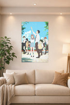 A Silent Voice Anime Movie Characters in a bright living room above a beige sofa.