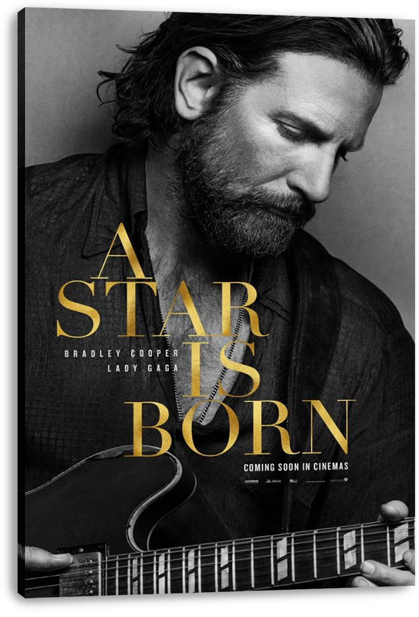 A Star Is Born canvas wall art print featuring Bradley Cooper with a guitar, monochrome portrait and metallic gold typography.