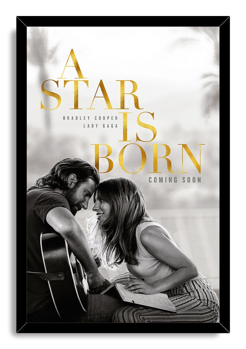 A Star Is Born framed wall art print with Bradley Cooper and Lady Gaga seated together, a guitar and sheet music in black and white.