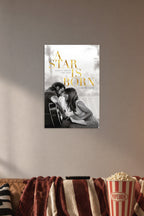 A Star Is Born Bradley Cooper Lady Gaga in a cozy movie room above a brown sofa with popcorn.