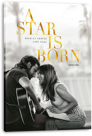 A Star Is Born canvas wall art print featuring gold typography and a grayscale couple seated close with an acoustic guitar.