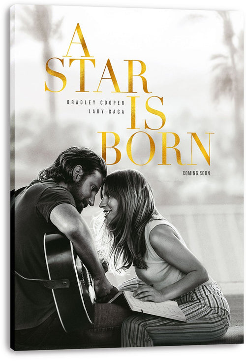 A Star Is Born canvas wall art print featuring gold typography and a grayscale couple seated close with an acoustic guitar.