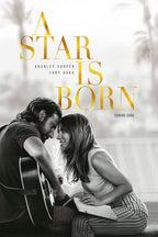A Star Is Born poster with gold title lettering above a black-and-white couple leaning together beside an acoustic guitar.