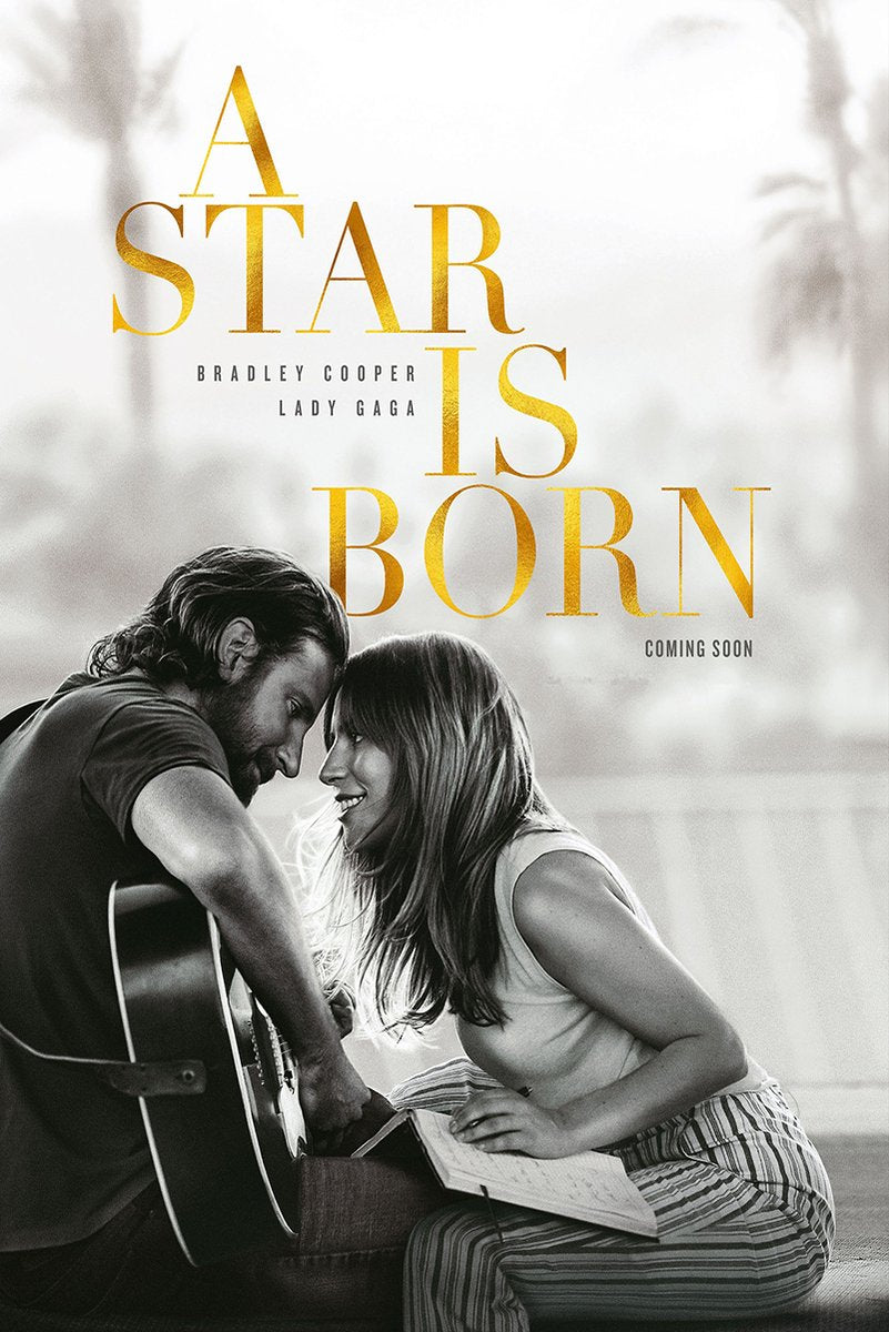 A Star Is Born poster with gold title lettering above a black-and-white couple leaning together beside an acoustic guitar.